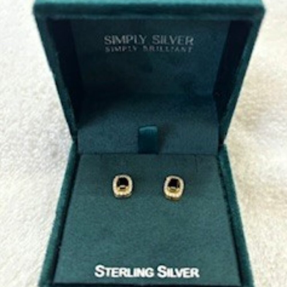 Simply Silver "Black Satin" pierced earrings with clear surrounding stones NIB